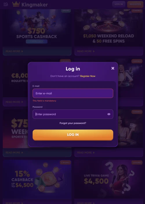 Iniciar sesión en Kingmaker Casino